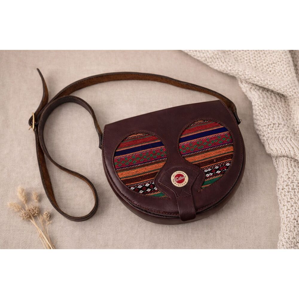Vintage Boho Leather Crossbody Bag Woven Textile Detail 70s Festival Purse